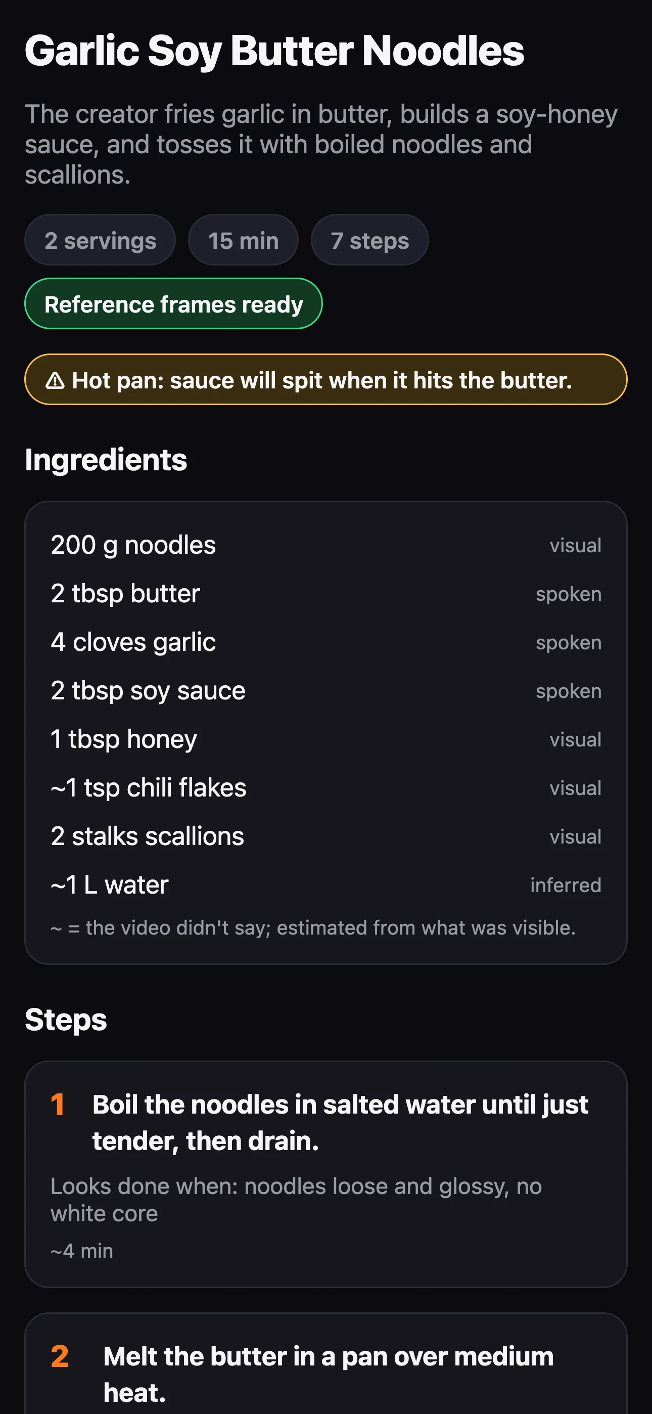 ForkLog recipe extracted from a video, quantities tagged spoken, visual, text or inferred